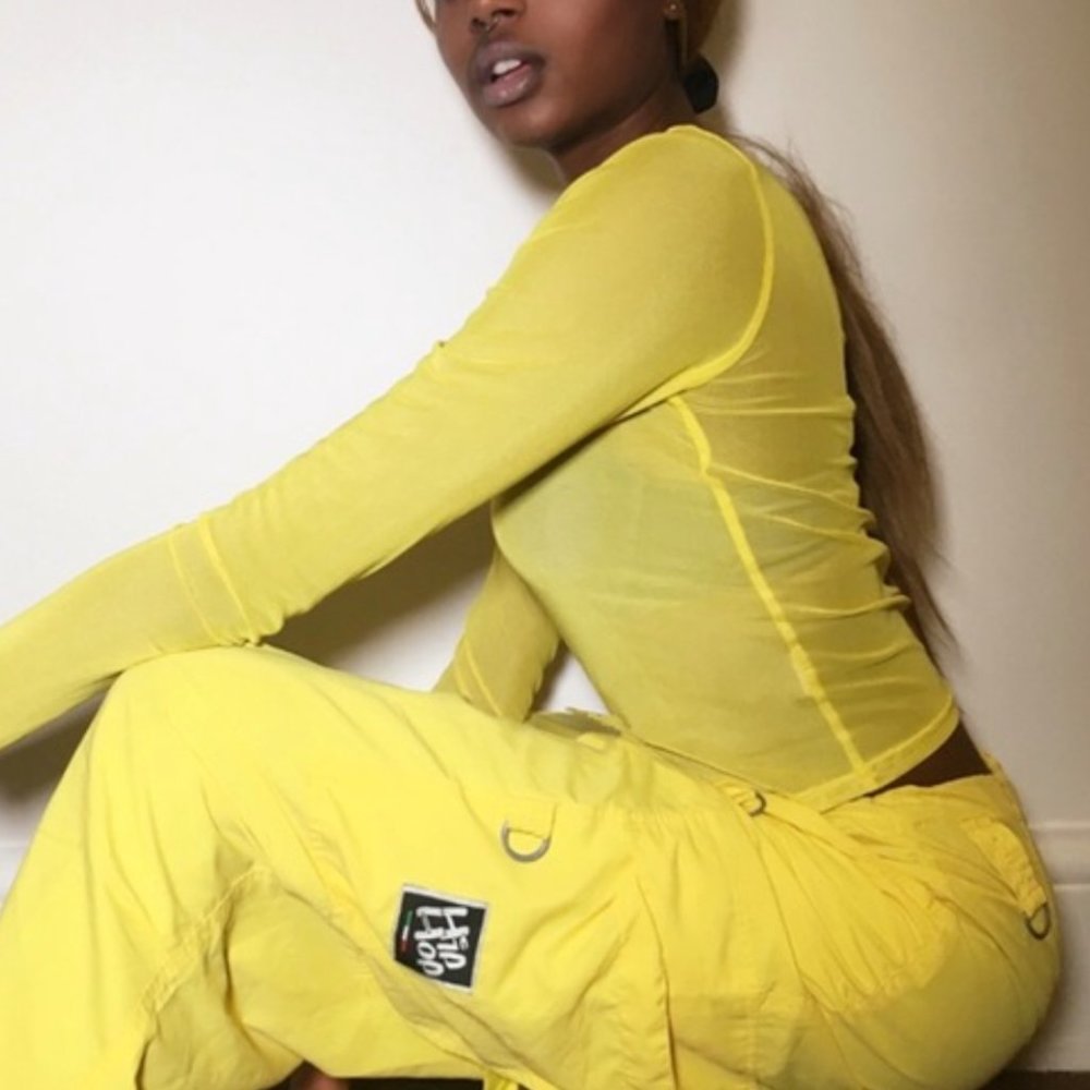 I AM GIA Yellow Mesh Long Sleeve Crop Top Medium